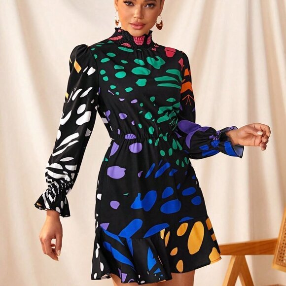 Multicolor Boho Womens Floral Print Ruffled Hem Short Dress With Long Sleeves - Picture 4 of 6